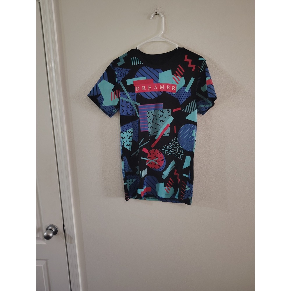 Vibes Dreamer 90s Geometric Graphic Tee Mens Small Black Retro All Over Print‎